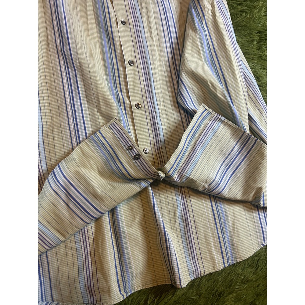 J. Garcia Button Down Mens XXL Tan Blue Striped Long Sleeve Flip Cuffs Shirt - Picture 9 of 9